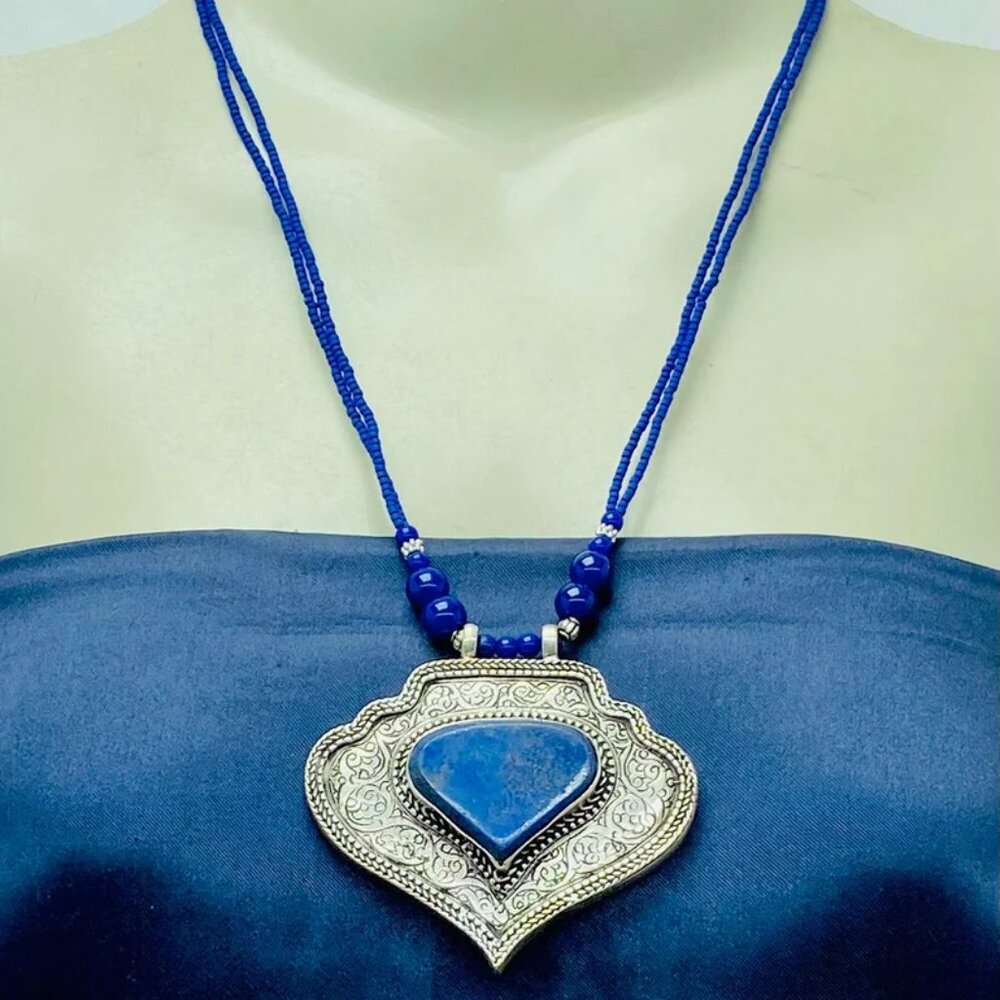 Lapis Lazuli Beaded Pendant Necklace: Artisan Gemstone Jewelry